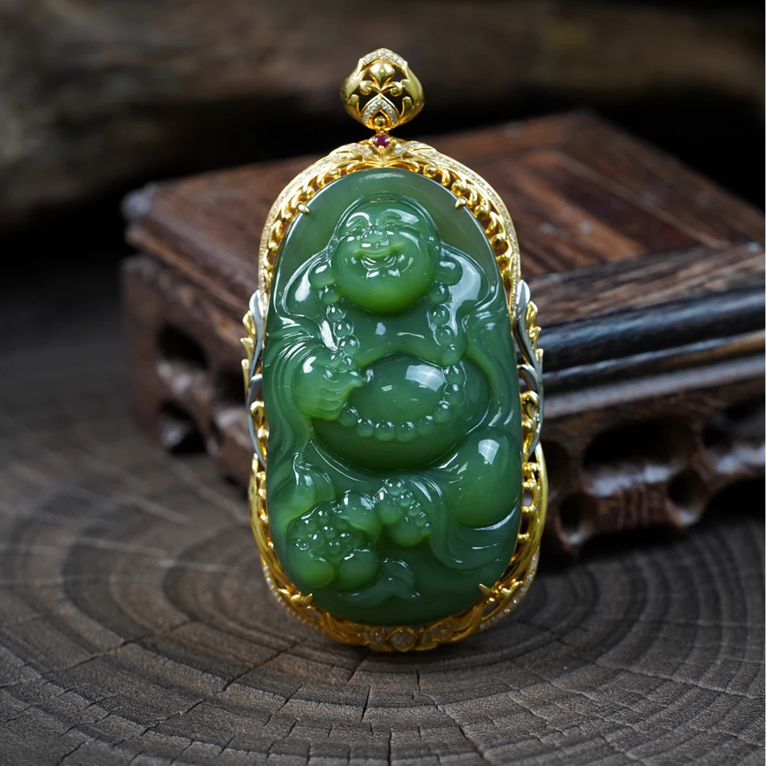 【石缘居珠宝】18K金镶嵌和田玉碧玉佩戴高贵大气逍遥佛吊坠 C12-76