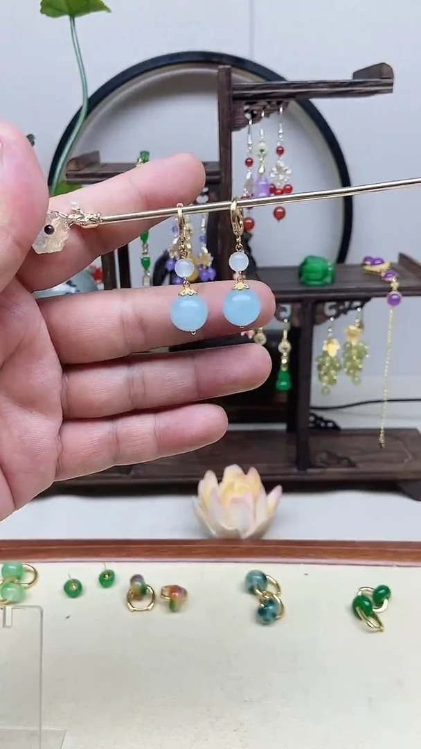 海蓝宝石耳坠14K金镶嵌80号