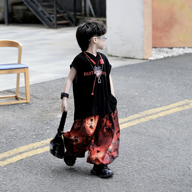 儿童哪吒亮灯套装2025夏季新款中小童时尚洋气薄款无袖背心长裤潮