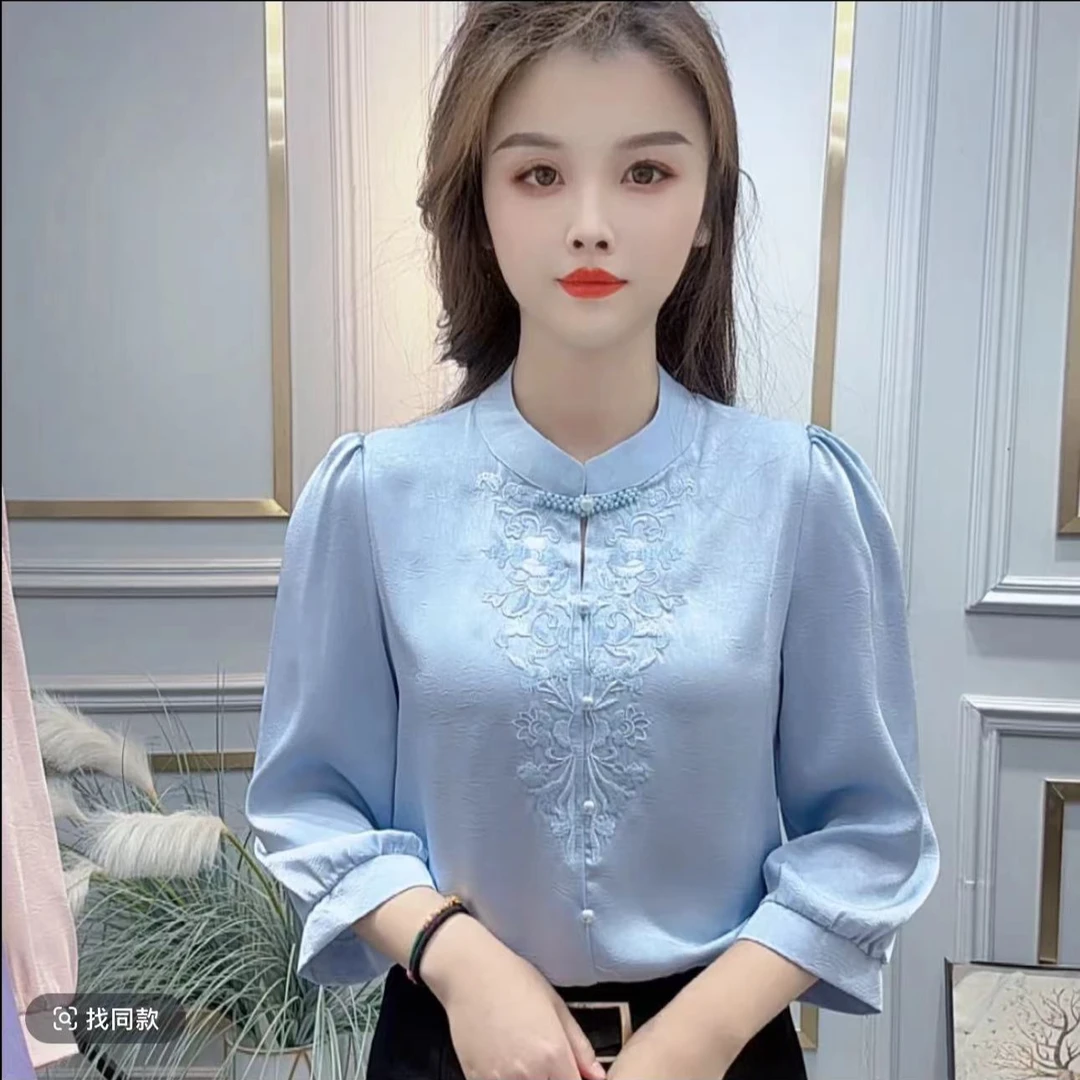 七分袖刺绣/绣花常规3D衬衫白色复古刺绣时尚小衫气质绣花民族风
