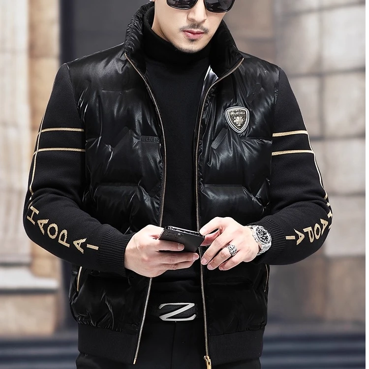 男士羽绒服短款冬季2025新款立领亮面针织袖拼接潮流男装保暖外套