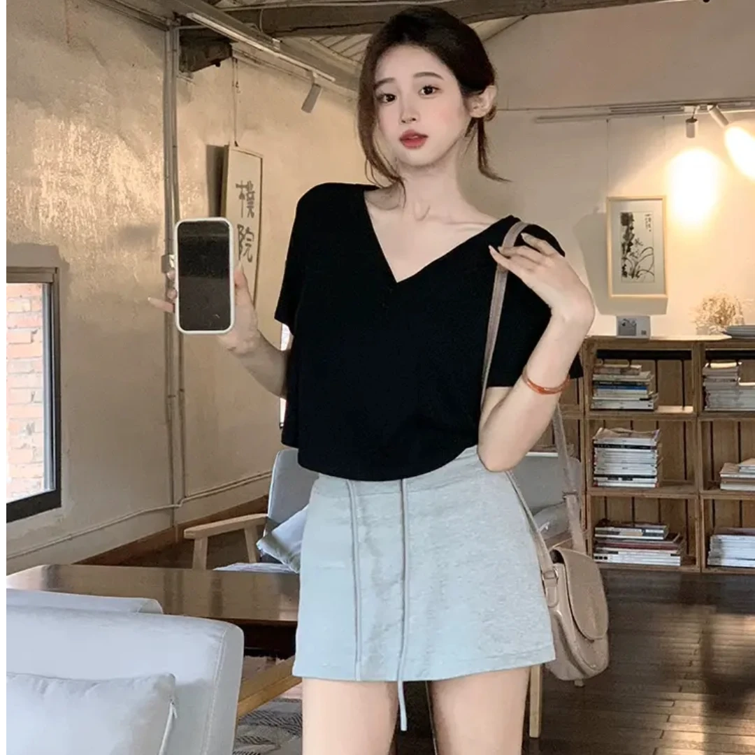 夏季纯色v领短袖t恤女短款洋气显瘦宽松上衣1639（C10-15）