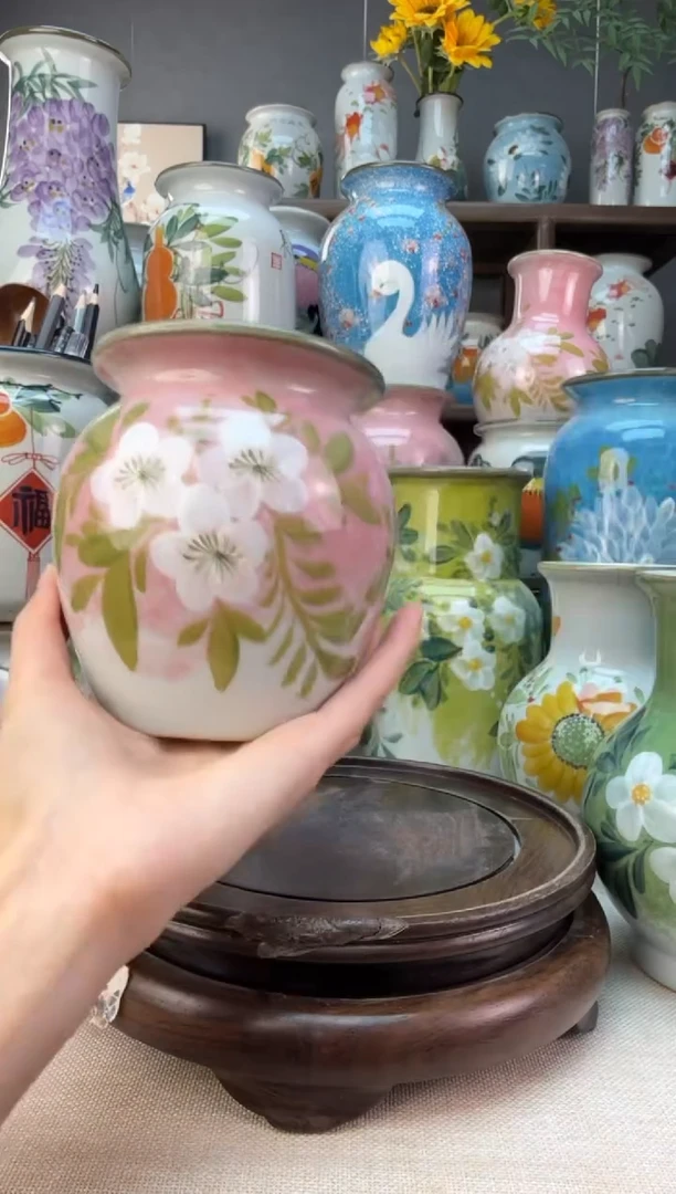 瓶景德镇手绘花器底部无孔内部无釉陶泥材质高温瓷釉下彩