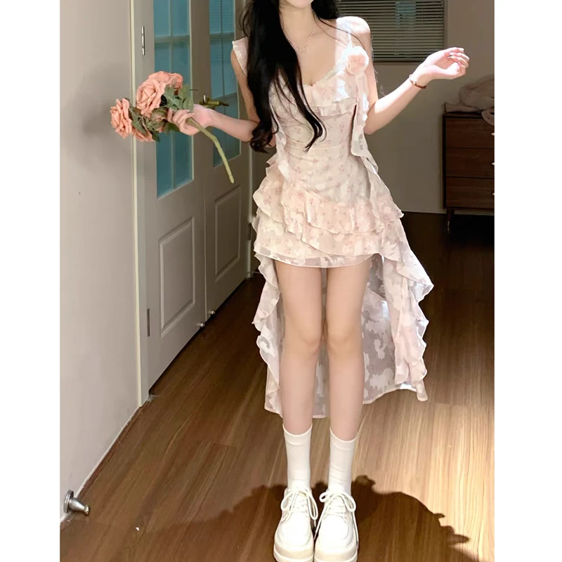 甜美立体花朵碎花飘带吊带连衣裙女不规则收腰显瘦纯欲仙女短裙子