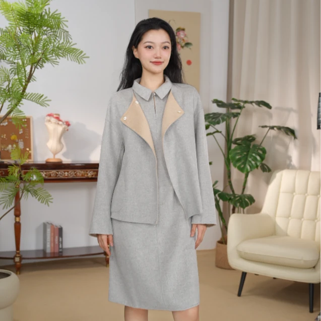 玉兰悠悠2025新款秋“午后灰调”灰色双面穿套装（外套+半裙）