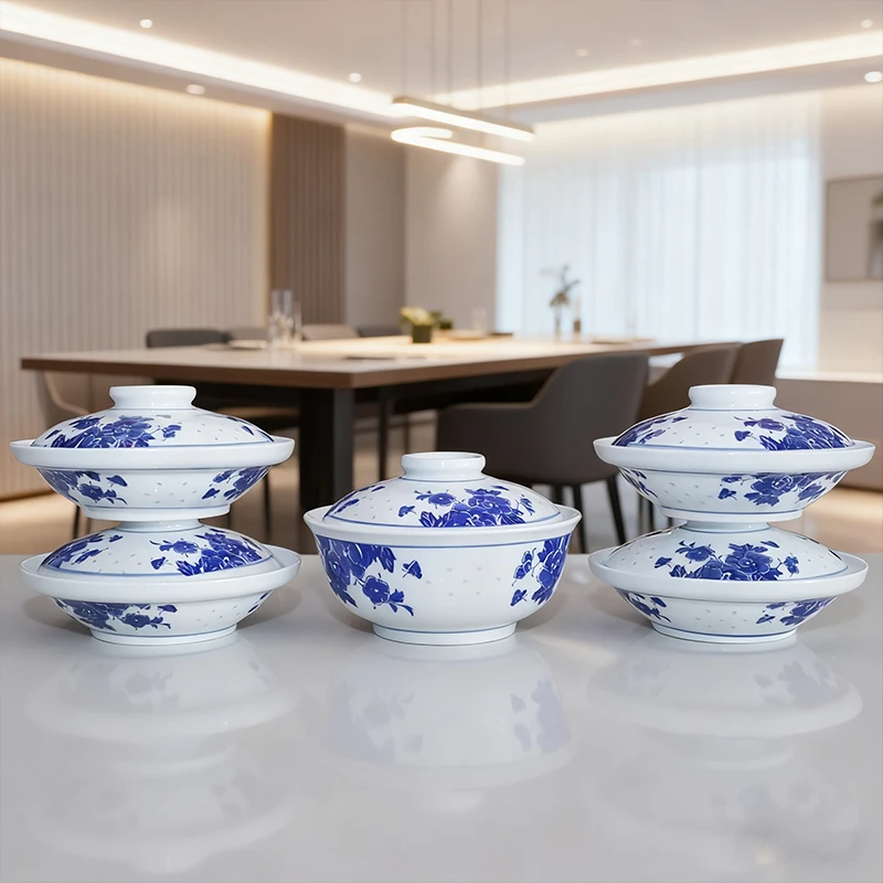 【百善瓷业】青花玲珑合合器菜盘4个装+青花玲珑合合器汤碗1个装