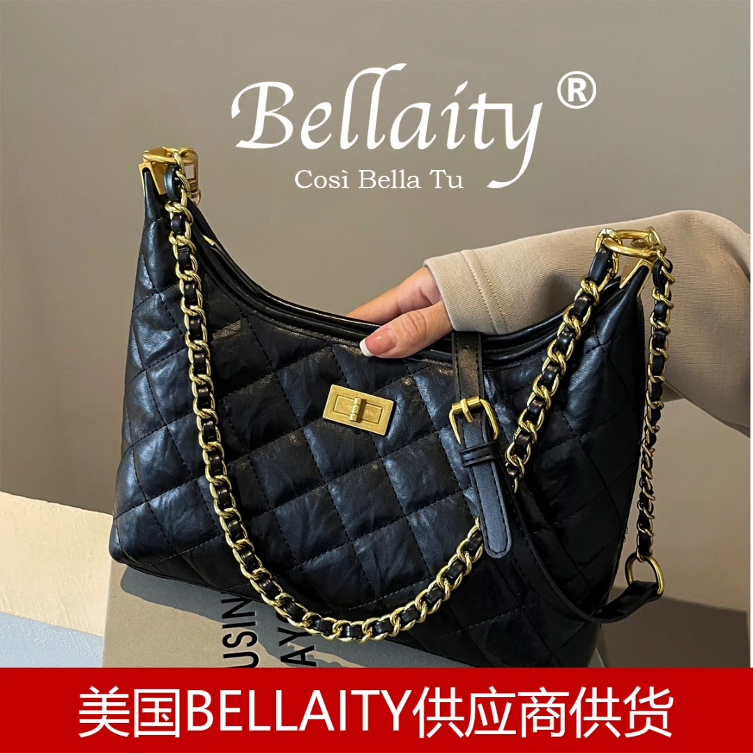Bellaity包包女款爆款2025新款复古菱格小香风通勤腋下百搭托特包