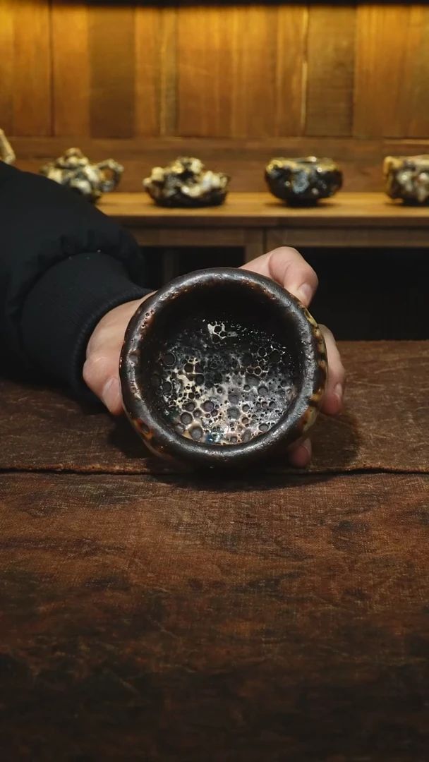 柴烧虫洞老味金彩志野主人杯