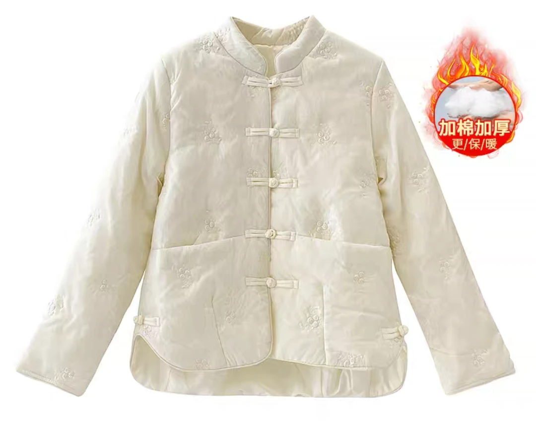 （叁花吟）2024冬季新中式国风加棉加厚立领盘扣中长款保暖外套女