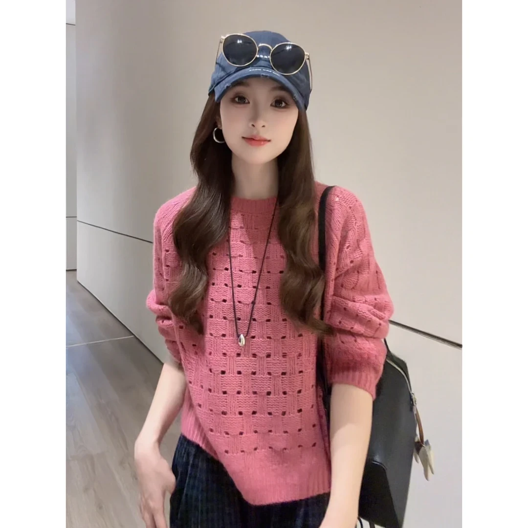 2025秋冬新款秋季氛围感宽松超好看针织衫套头圆领镂空毛衣H8-97