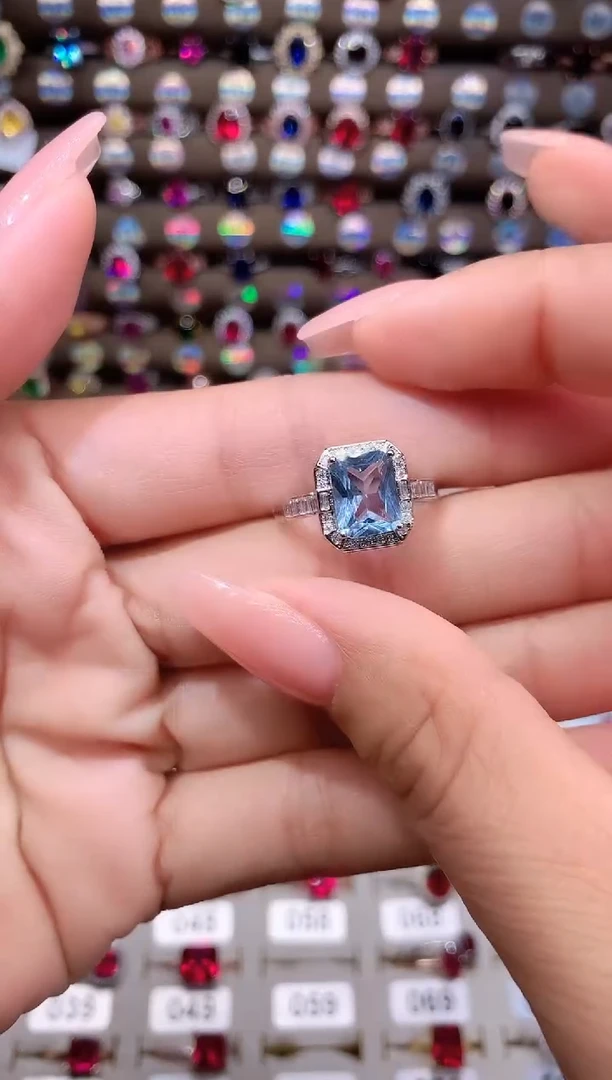 海蓝宝石戒指银S925镶嵌银色