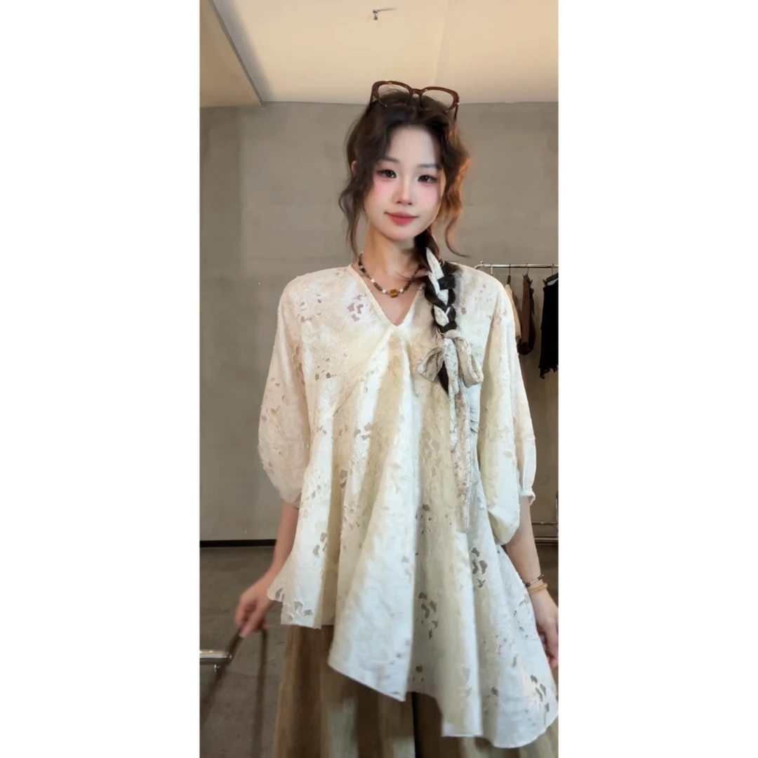 VGVL【素锦】新中式上衣V领短袖衬衫独特漂亮小衫宽松高级感