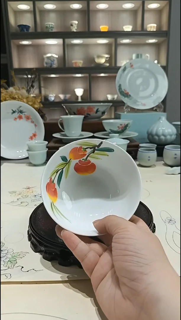 高温瓷景德镇手绘釉下4.8英寸玉瓷碗柿子