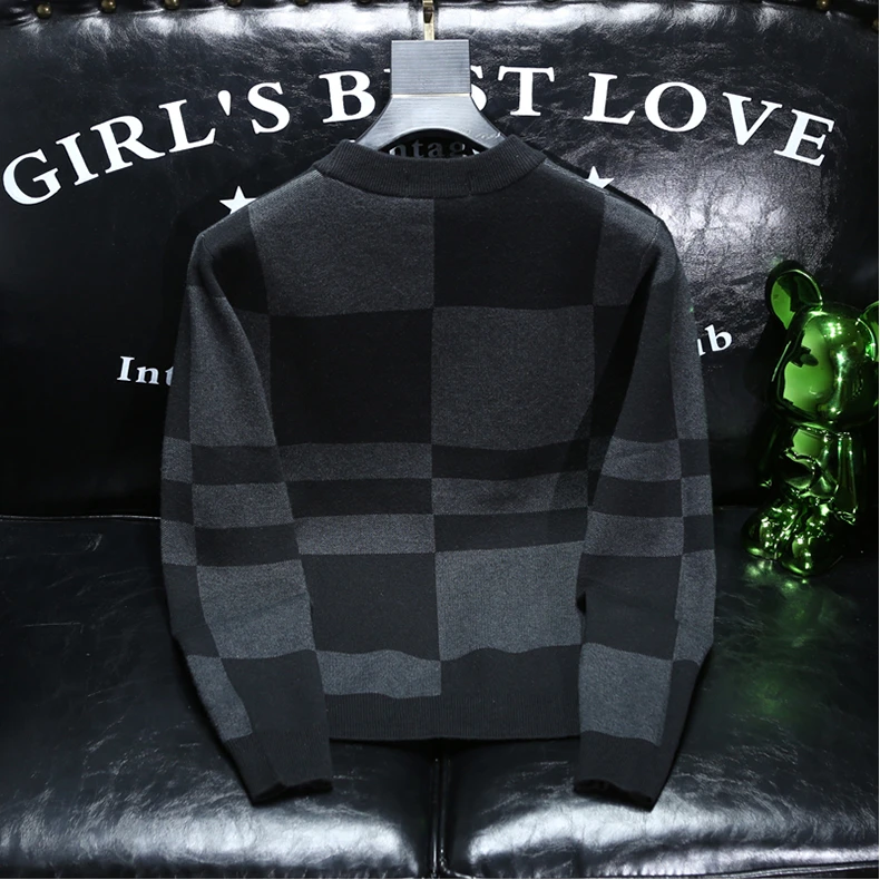 利尼科比利秋冬保暖羊毛衫男士潮牌圆领修身格子刺绣毛衣男打底衫