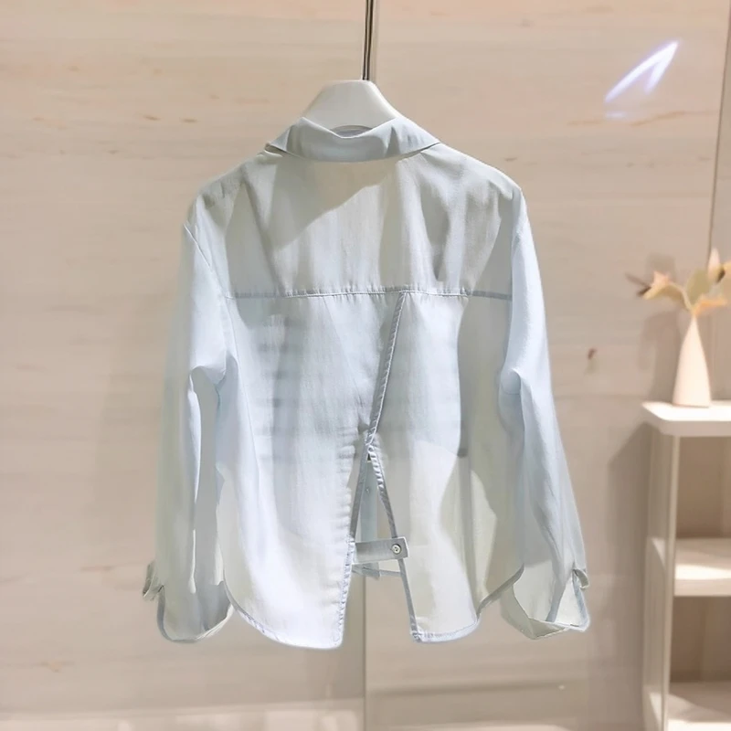 culv蓝色长袖防晒衬衫女夏季新款后开叉宽松显瘦薄款微透衬衣上衣