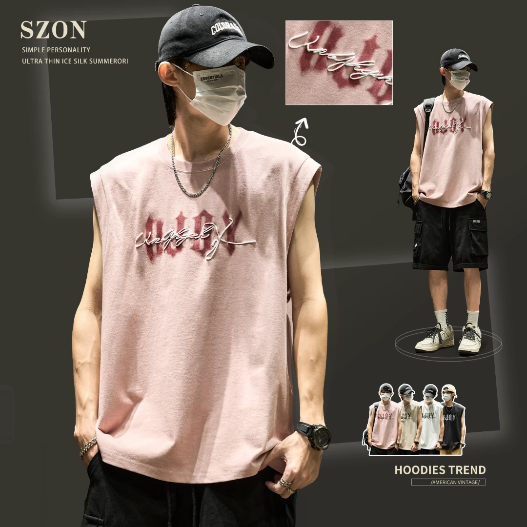 健身背心男夏季宽松痞帅坎肩纯棉运动潮牌ins发泡印花情侣无袖t恤