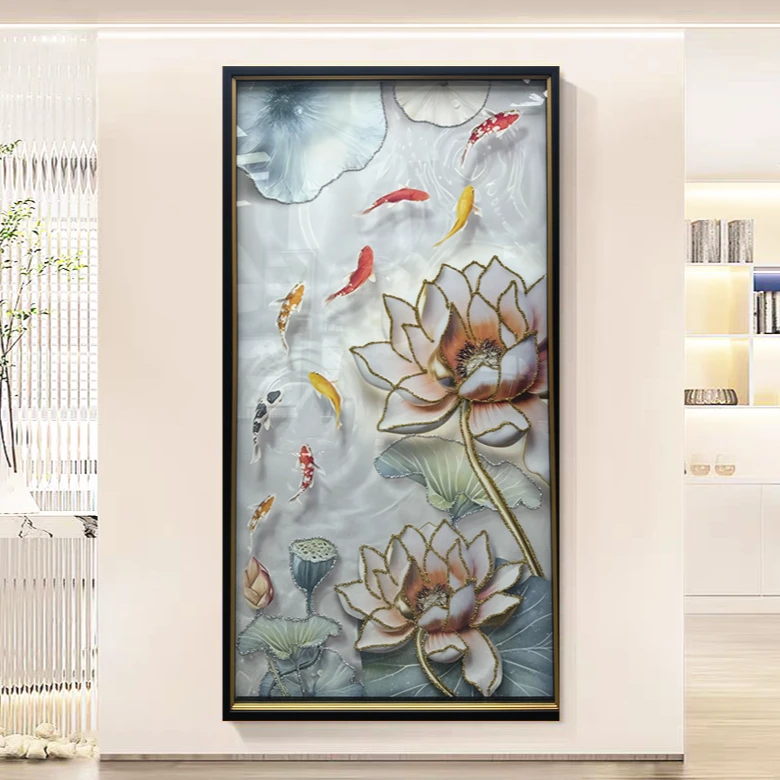 X178荷花九鱼图玄关装饰实物画轻奢入户墙高端挂画现代走廊过道画
