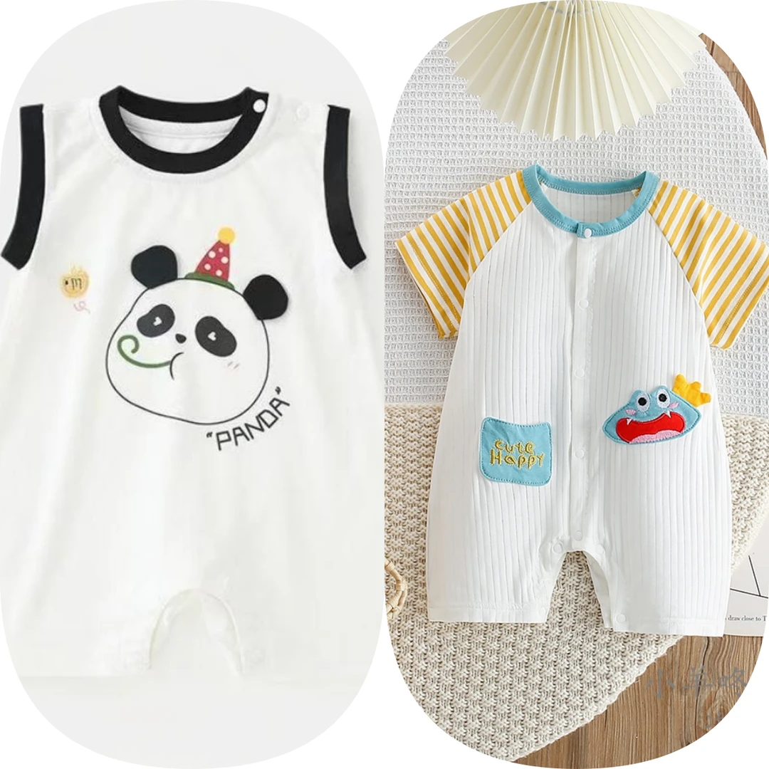 【到手2件】新款夏季套头条纹可爱洋气婴幼儿卡通连体衣哈服