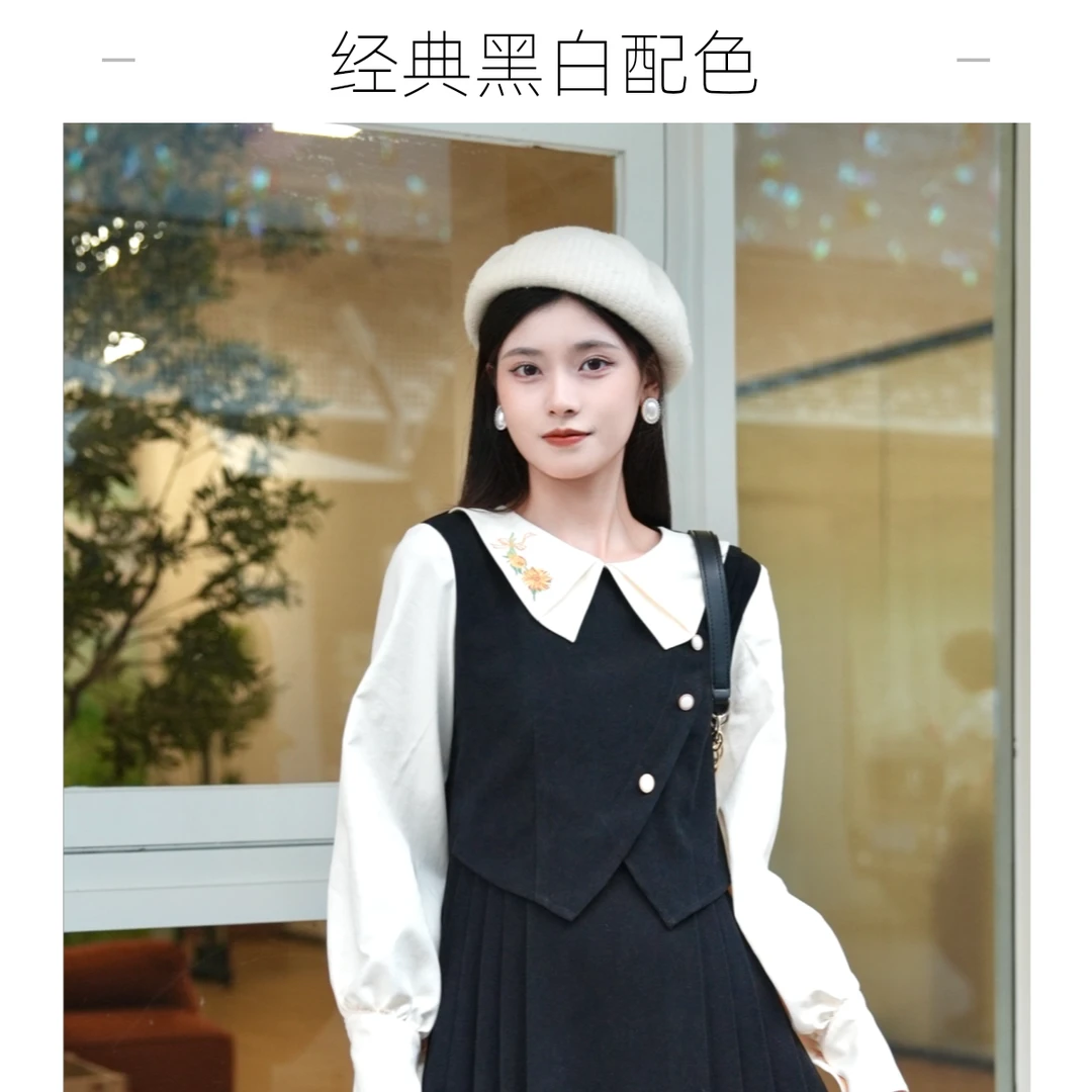 两三事与葵共语春季显瘦显高气质长袖拼接减龄娃娃领连衣裙假三件