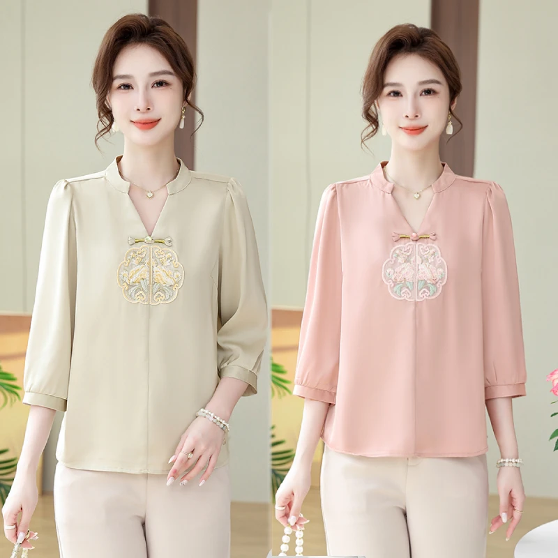 2025新款妈妈春夏装雪纺小衫中老年女式国风刺绣时尚七分袖上衣薄
