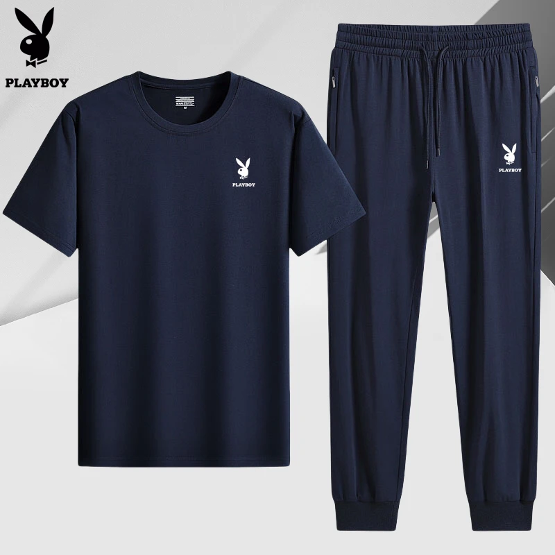 花花公子男士夏季短袖T恤两件套装圆领长裤休闲纯棉运动透气套装