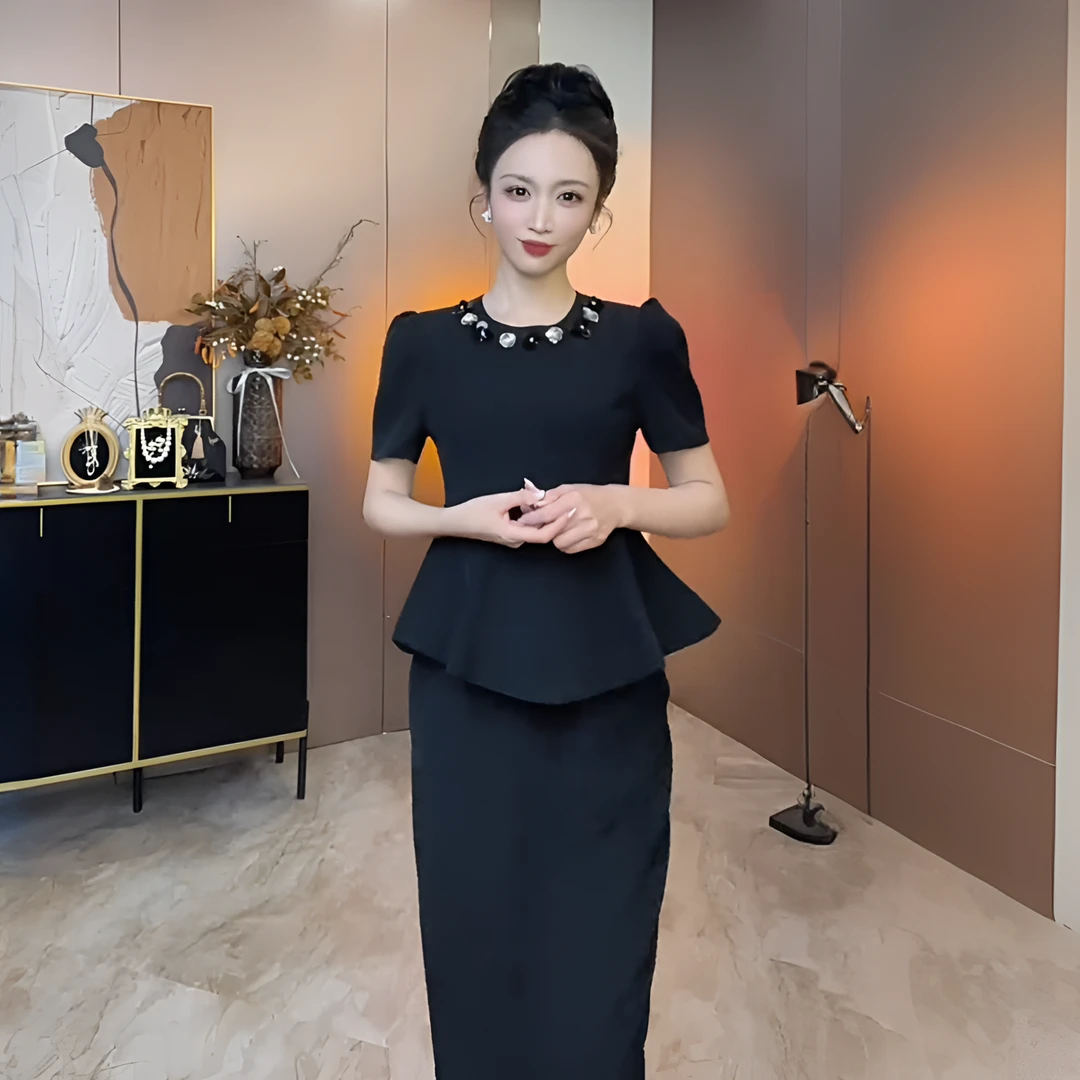 法式重工花朵亮片显瘦套装夏季荷叶边收腰短袖半身裙两件套