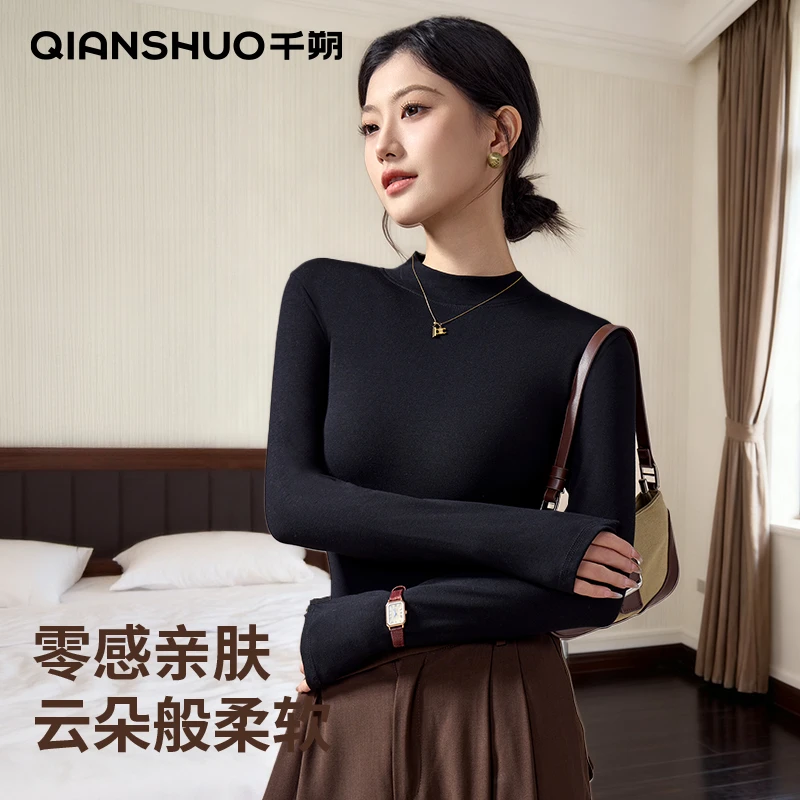千朔黑色半高领打底衫女秋冬内搭修身面膜小立领长袖t恤加绒上衣