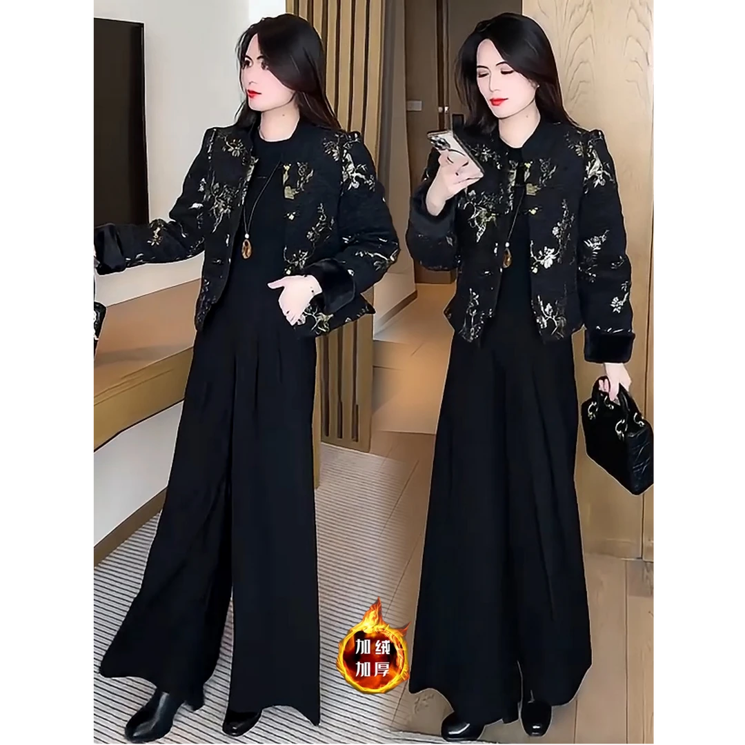 新中式国风提花外套女2025冬季新款洋气盘扣加绒加厚短款保暖上衣