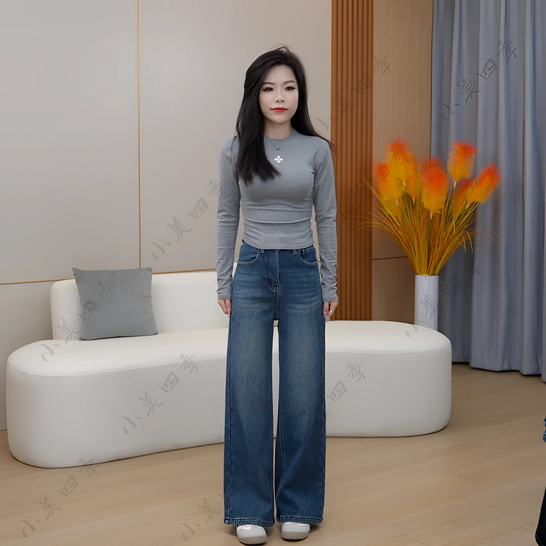 小美四季小个子阔腿裤蓝色牛仔裤百搭女弹力显瘦加绒/不加绒3306