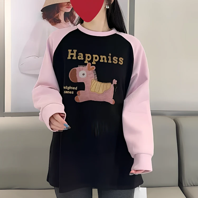 2025新款长袖印花加绒卡通小马落撞色休闲T恤6030