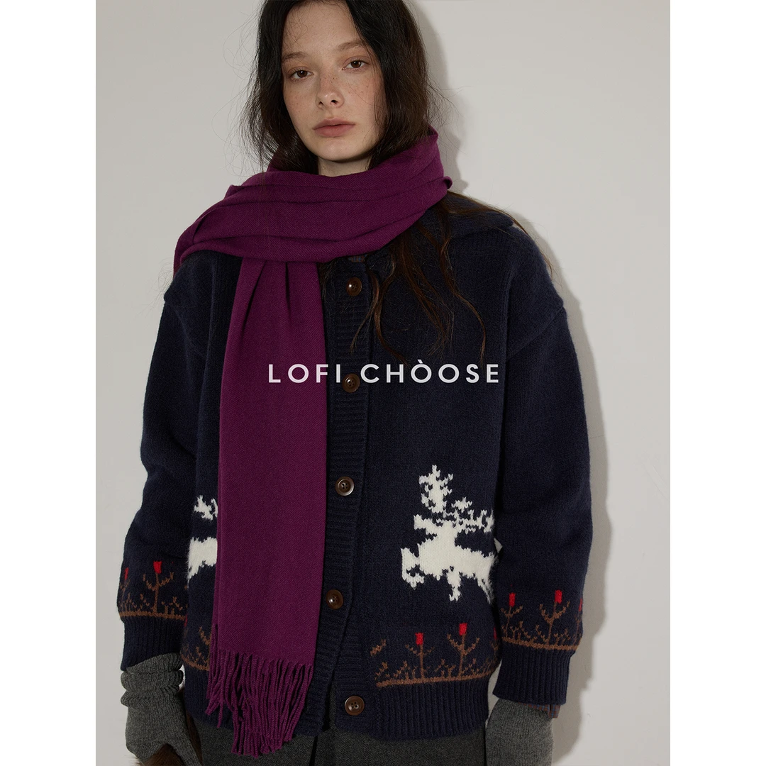 Lofi choose  圣诞氛围！麋鹿撞色翻领针织毛衣开衫