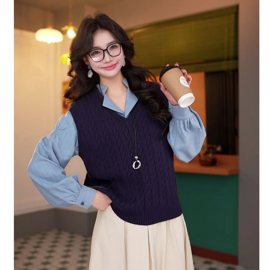 丁佳欣【蓝城旧事】港风复古纯色无袖针织马甲显瘦马甲JQ1124040