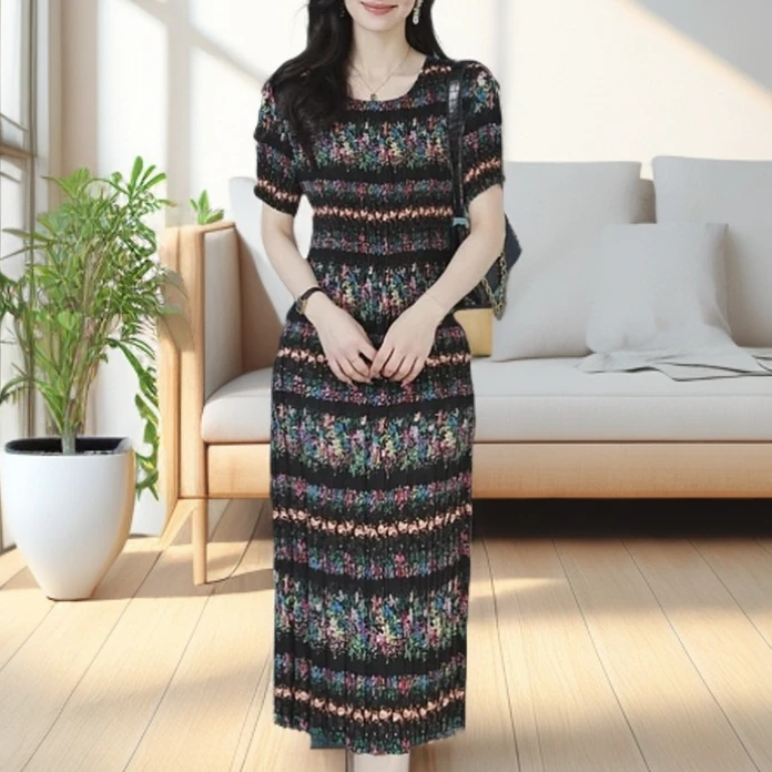 01云锦丝质褶皱连衣裙宽松女装气质夏季圆领妈妈装显瘦大码民族风