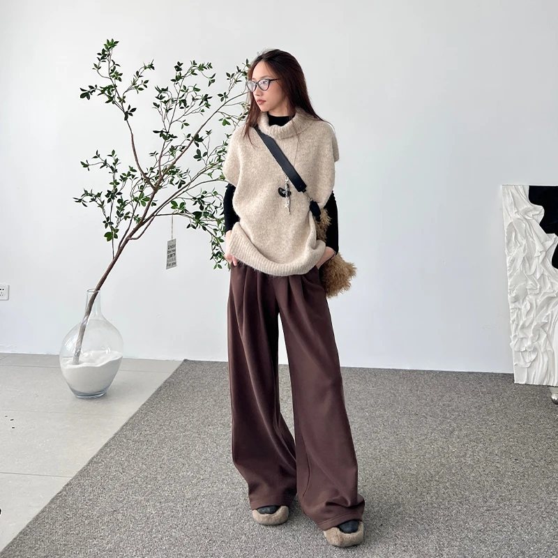2025新款秋冬美拉德棕色阔腿裤女高腰垂感显瘦休闲加绒直筒卫裤