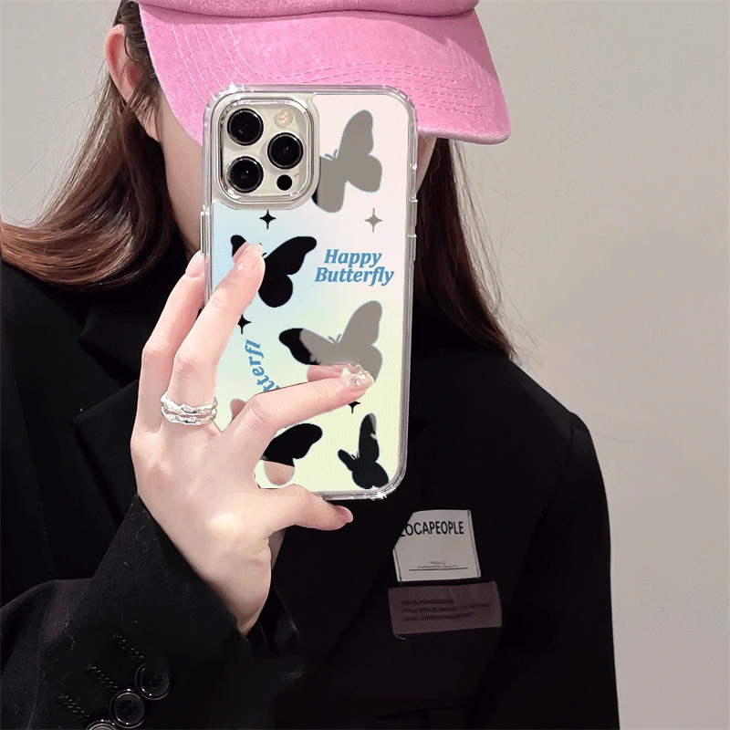 简约渐变蝴蝶ins风适用苹果15promax手机外壳镜面iphone14/13/16