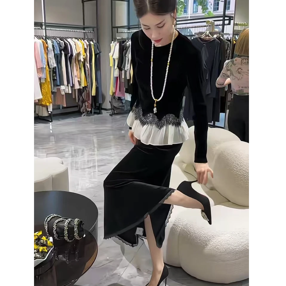 网红同款时尚套装裙2025秋季新款撞色蕾丝花边拼接丝绒上衣半身裙