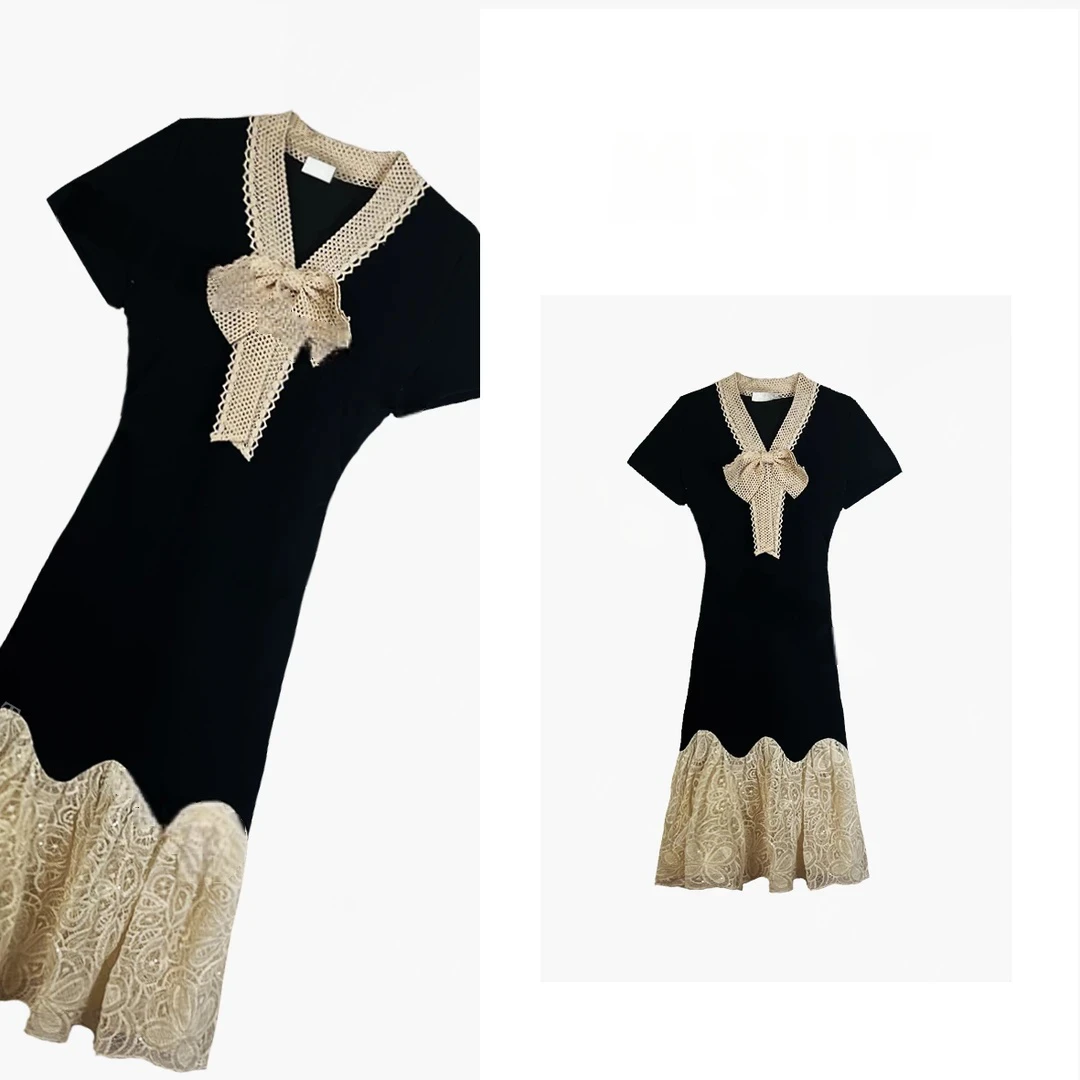 夏日轻奢简约舒适感拼接重工刺绣显瘦气质连衣裙