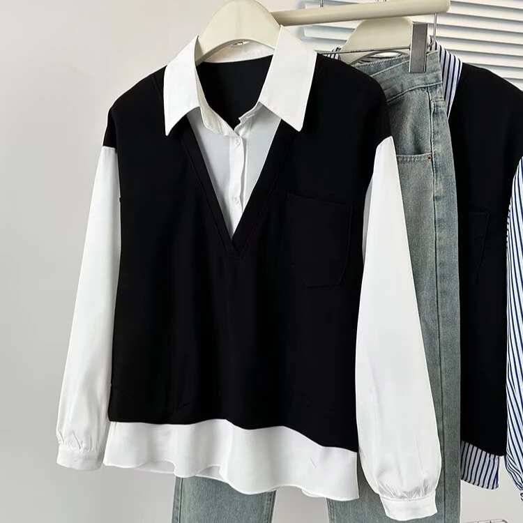 大码春季新款百搭简约显瘦假两件衬衫小衫9825