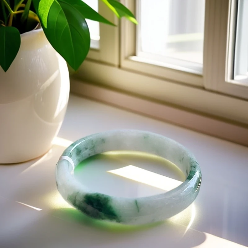 天然A货老坑缅甸翡翠手镯57正圈12.5*6.7高货白底绿飘花冰透女款