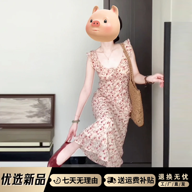 4615法式高级感小飞袖碎花连衣裙子女春季2025新款度假长裙