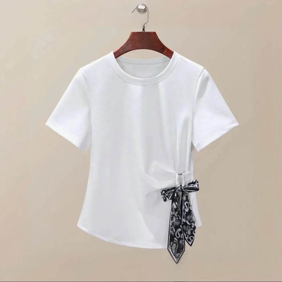 2025新款设计感时尚气质丝巾绑带收腰褶皱短袖T恤-25252