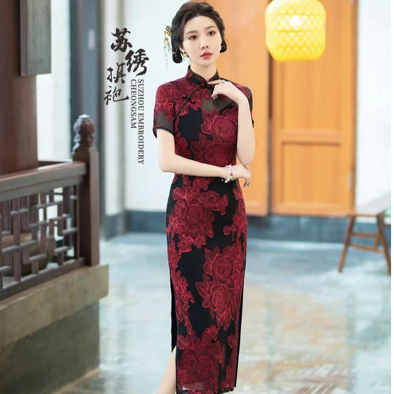 夏季新款2025高端吊带红色款优雅中国风长款旗袍日常修身高级感