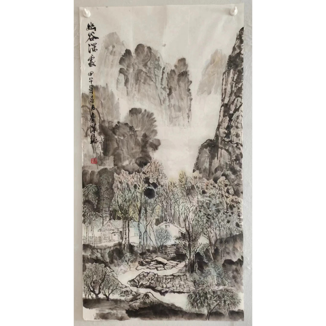 2003  纯手绘花老字画《幽谷深处》中堂  尺寸 137×68