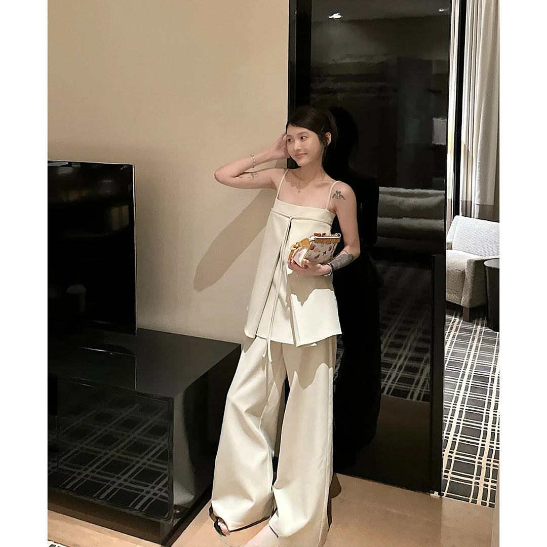 宁司 露背无袖抹胸吊带上衣女夏季高级感气质宽松显瘦休闲裤套装
