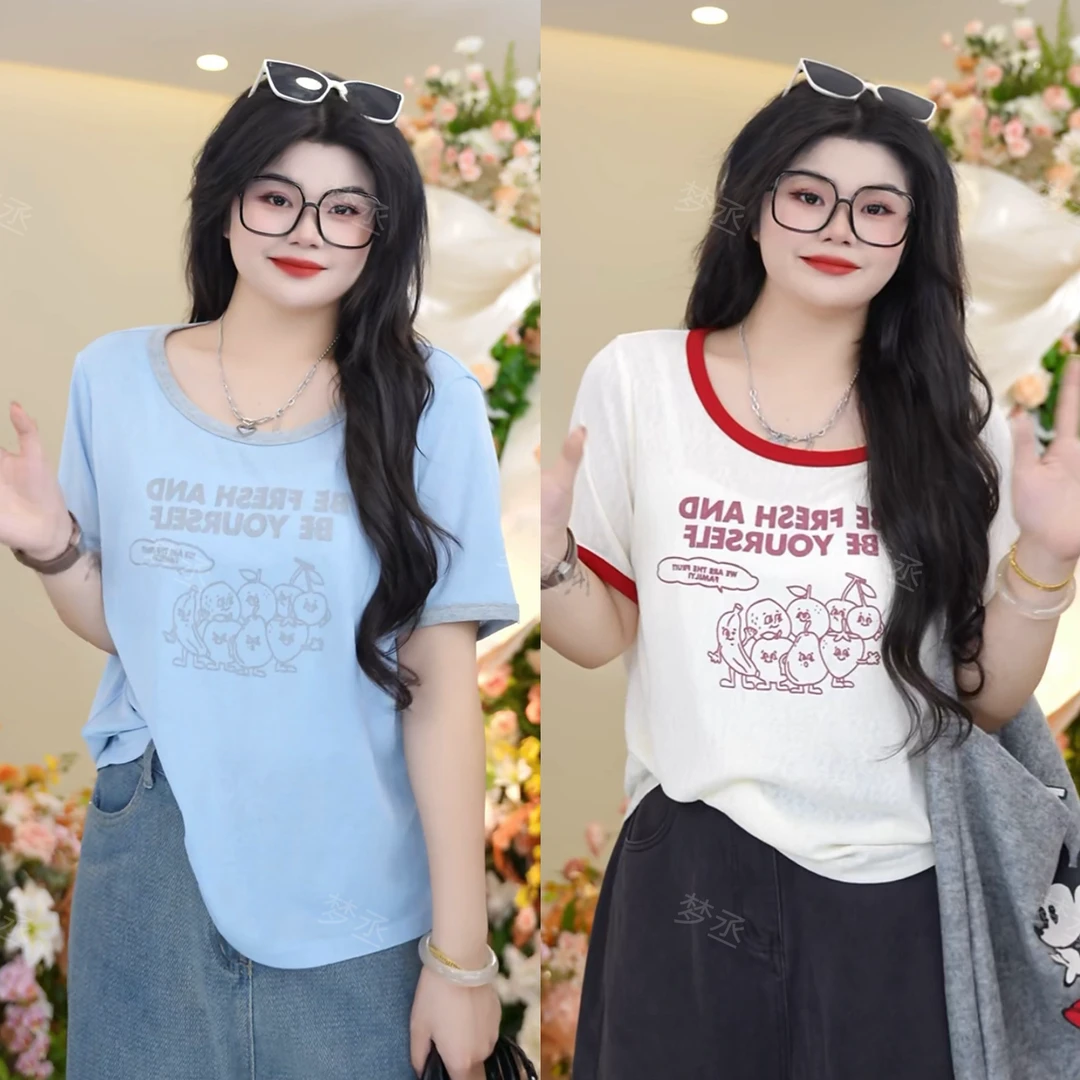 梦丞【果意绵长】大码女装印花感针织上衣宽松百搭胖mm短袖T恤