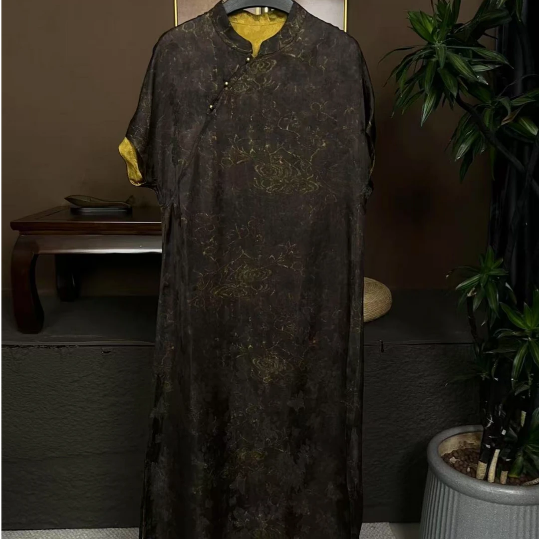 【金丝.香云纱】气质遮肚连衣裙收腰显瘦时尚香云纱连衣裙裙1160