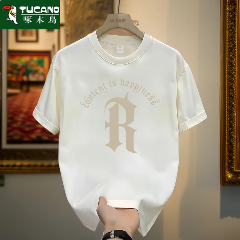 啄木鸟短袖t恤男士圆领T恤印花时尚短袖轻奢宽松夏季休闲男打底衫