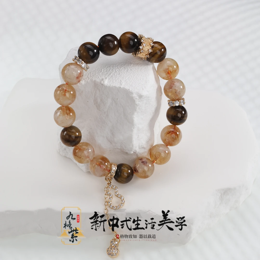 天然虎眼石搭配黄水晶 原创合金设计 百搭手串女款单圈(D014)