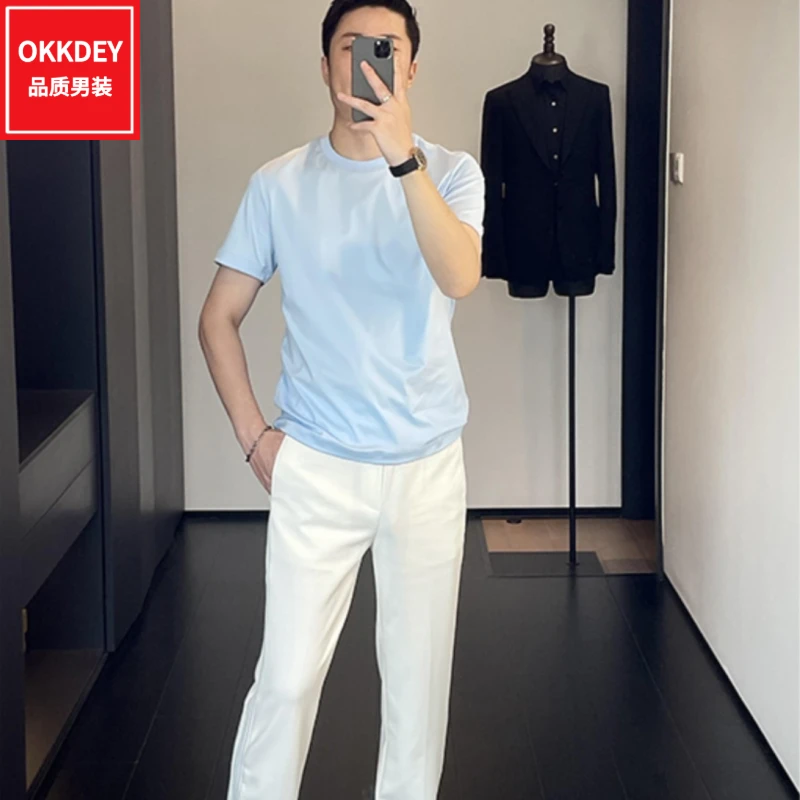 夏季薄款冰丝短袖t恤男士高级感轻奢圆领半袖时尚简约帅气上衣服