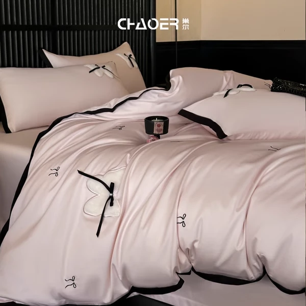 巢尔【堕天使】纯棉被套四件套蝴蝶结刺绣全棉被罩轻奢床单舒适床品